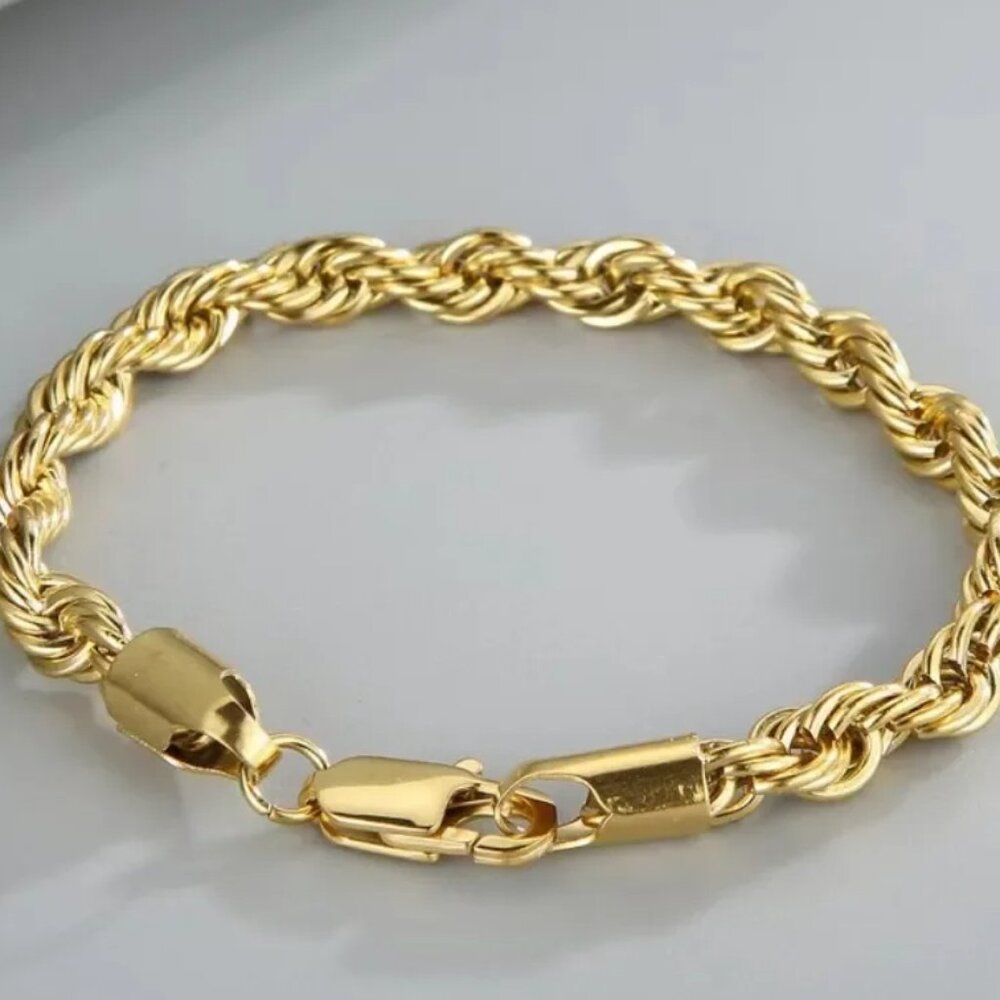 ⭐  2pc. Diamond Cut Rope Set 22" Chain and 7.75" Bracelet 4mm Wide 18K Gold⭐ - Picture 5 of 7